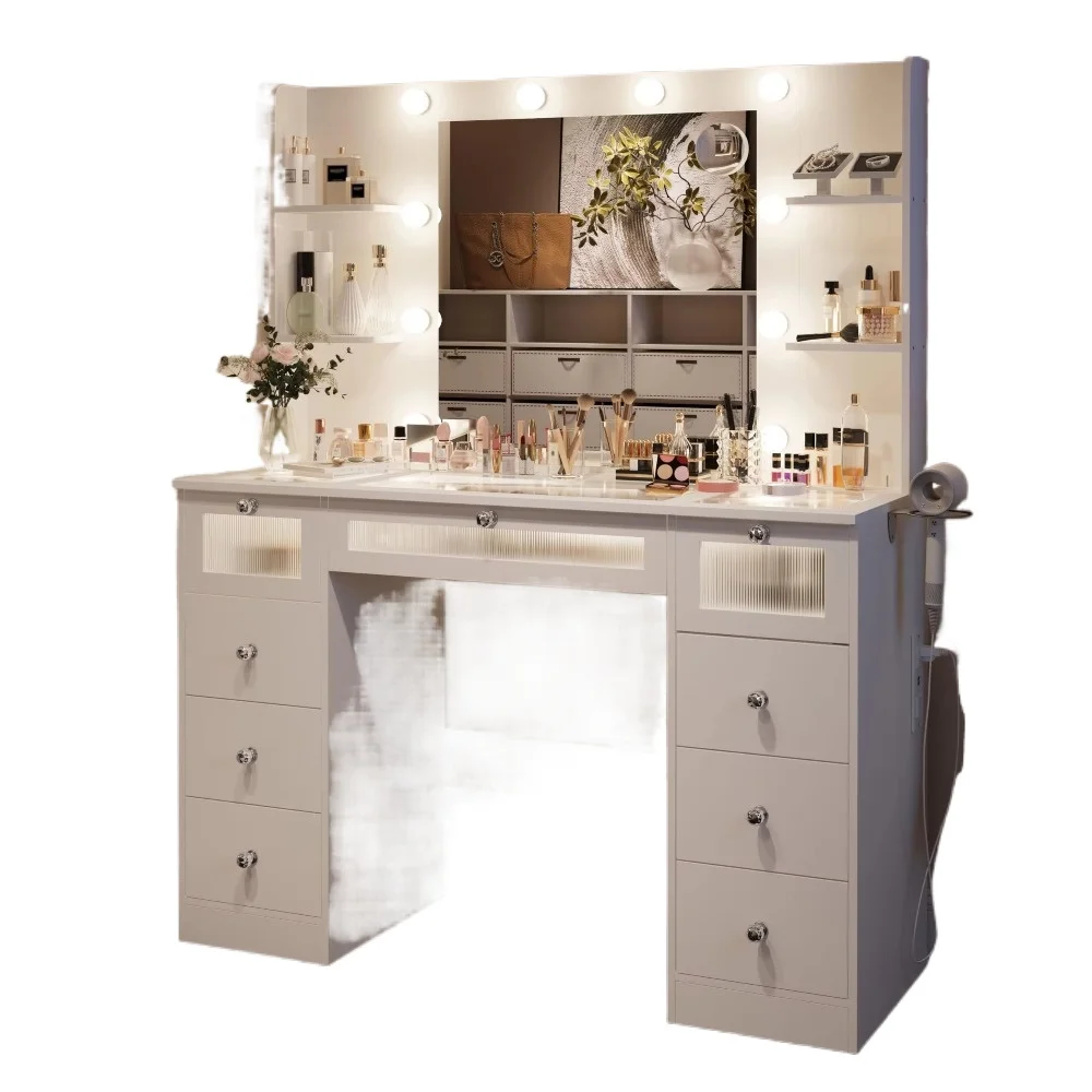 White dressing table with illuminated mirror glass top 9 drawers 4 shelves and built-in electrical outlet Bedroom dressing table