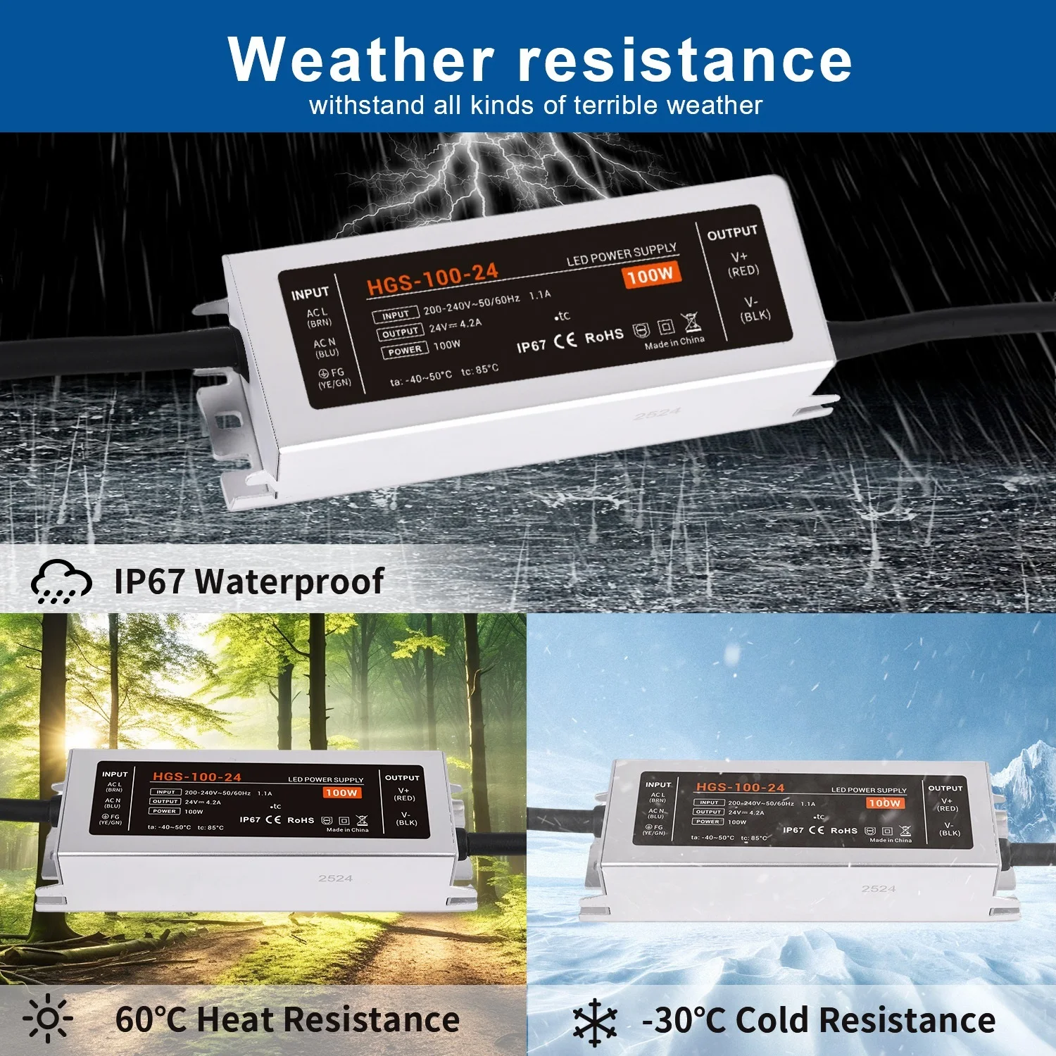 مصدر طاقة مقاوم للماء IP67 محولات إضاءة LED خارجية 50 واط 100 واط 200 واط 300 واط 400 واط محول لشريط LED DC24V