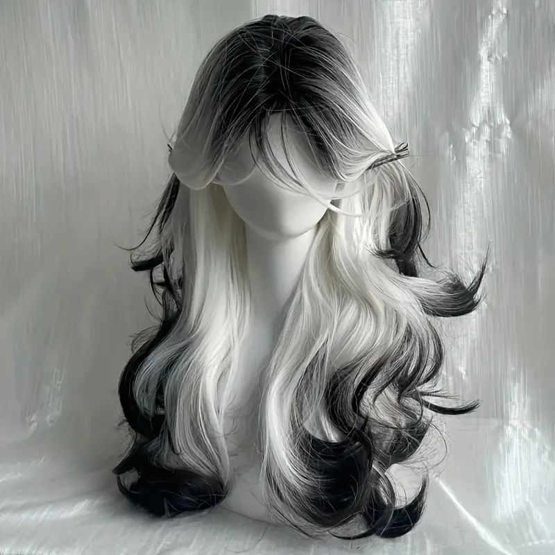 26-Inch Long Black And White Curly Waves Synthetic Hair Wig - Soft, Perfect for Everyday, Parties, And Holidays