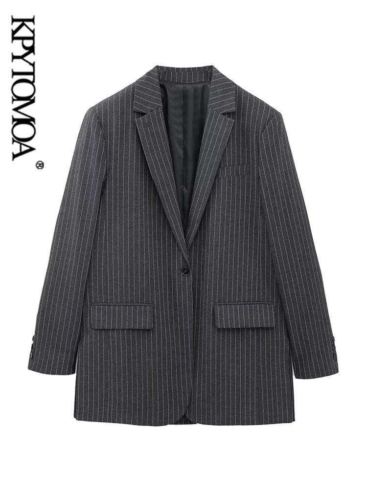 KPYTOMOA Women Fashion Front Button Pinstripe Blazer Coat Vintage Long Sleeve Flap Pockets Female Outerwear Chic Vestes Femmes