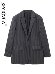 KPYTOMOA Women Fashion Front Button Pinstripe Blazer Coat Vintage Long Sleeve Flap Pockets Female Outerwear Chic Vestes Femmes