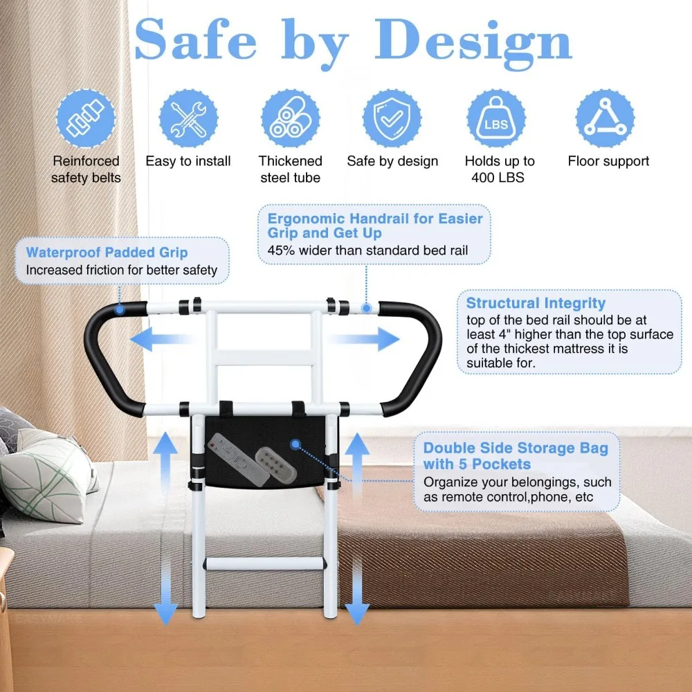Adjustable Bed Rails for Elderly Safety with Storage Pockets, Non-Slip Handles, Motion Sensor Light, 400LB Capacity