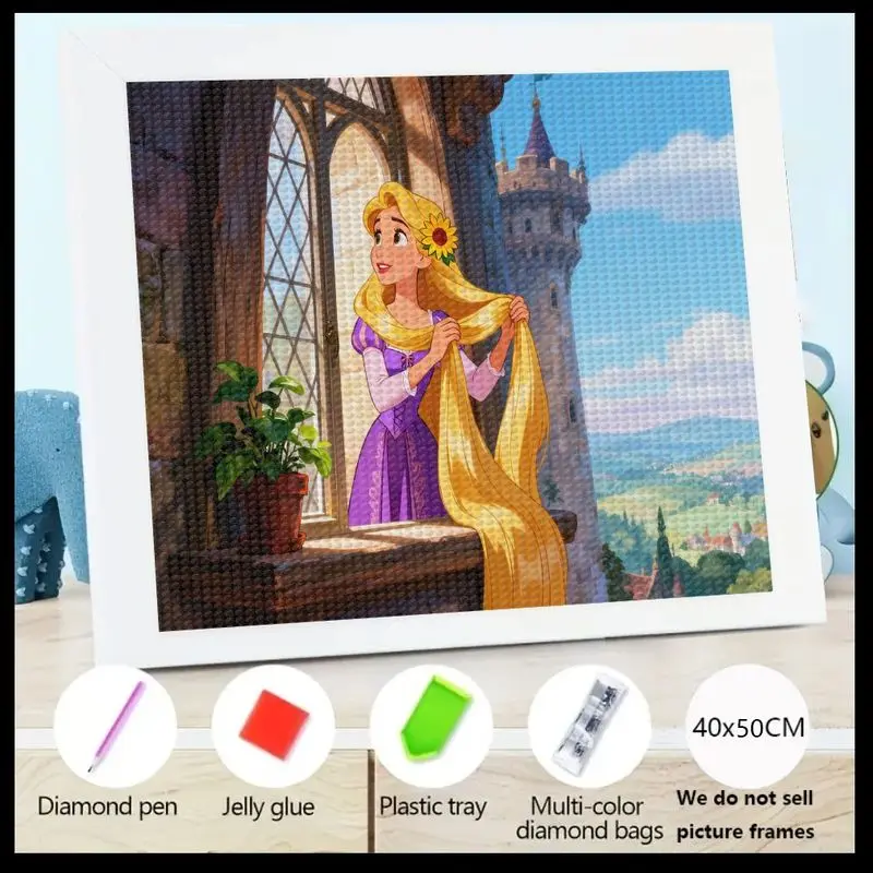 

5D DIY Full Drill Diamond Painting Kit, Princess Rapunzel with Flowing Golden Hair Looking Out Tower Window, Sparkling Rhineston