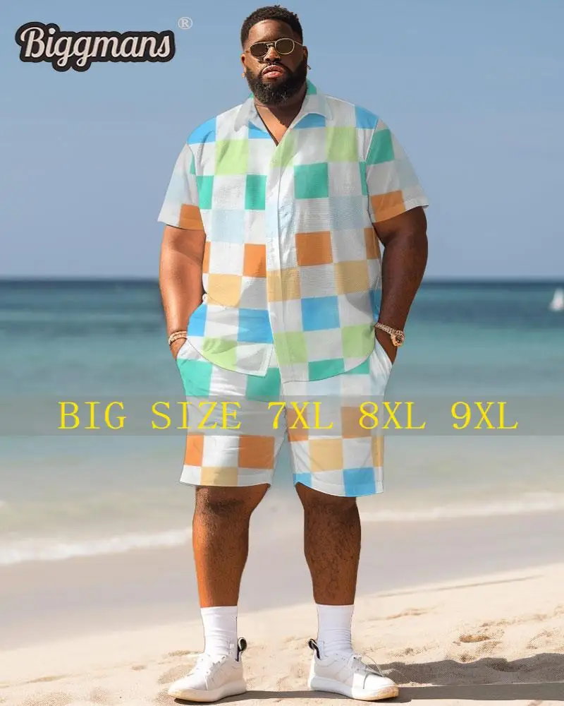 Biggmans Shirt Plus Size Set L-9Xl for Summer Beach Clothing Oversize Hawaii Suit Hawaiian Colorful Block Print Shirt Shorts 7XL