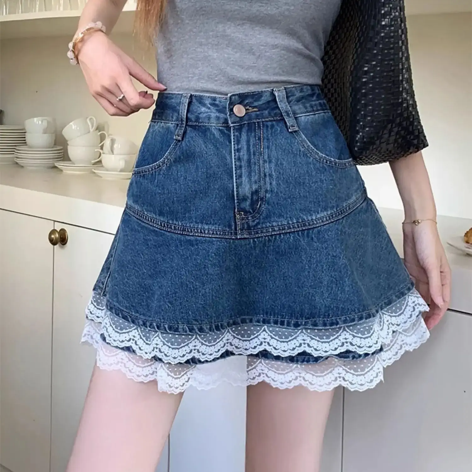 Gonna di jeans in pizzo per ragazza piccante Vita alta A-Line Slim Fit Gonna corta a trapezio Minigonna avvolgente casual per ragazza calda estiva