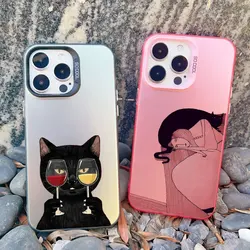 Dark Funny Cartoon Cat Have Fun Phone Case For iPhone 14 13 Pro Max 13 Mini 16 12 11 15 Pro Max 14 15 Plus Animal Laser Cover