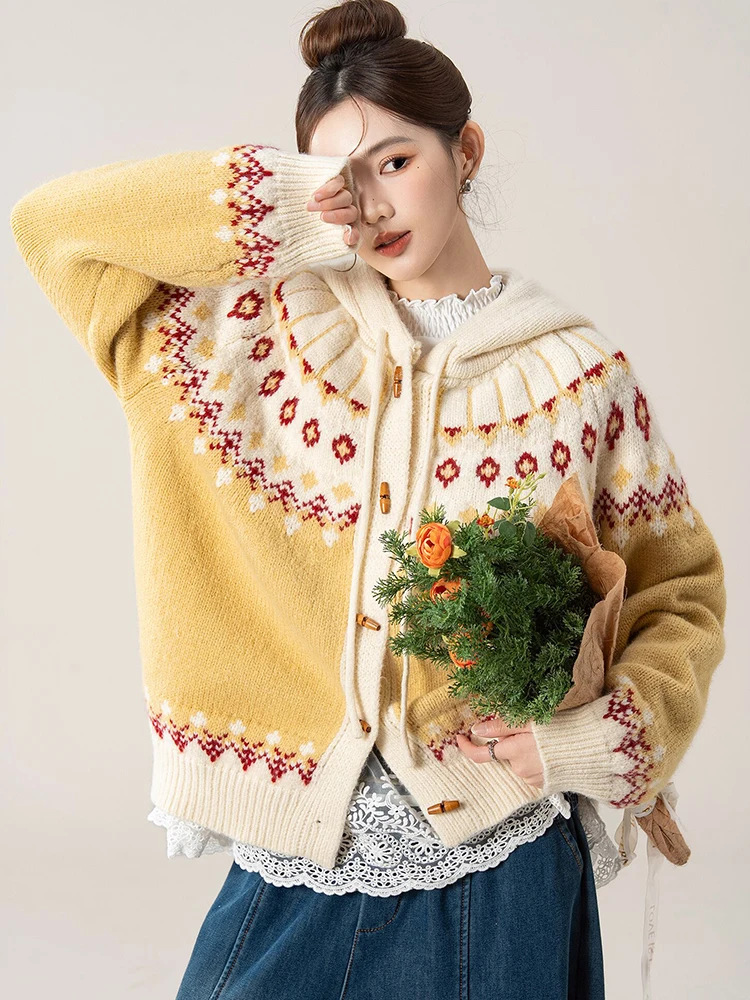 Vintage Sweet Print Cardigan Women Lazy Wind Fashion Hooded Knitted Sweaters Fall Winter Preppy Style Long Sleeve Buttons Tops
