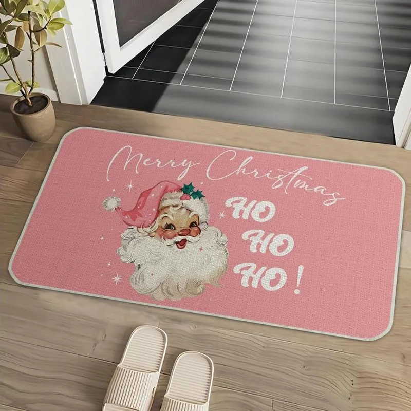 VIKAMA Pink Santa HO HO HO Door Mat Christmas Welcome Rug For Entryway Front Door Porch Indoor Outdoor Xmas Holiday Home Decor