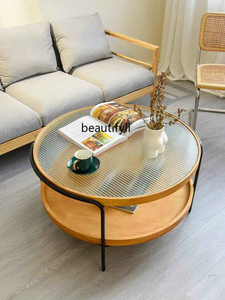 zqJapanese Entry Lux Coffee Table Living Room Modern Minimalistic Solid Wood Double-Layer Changhong Glass Iron Round Table