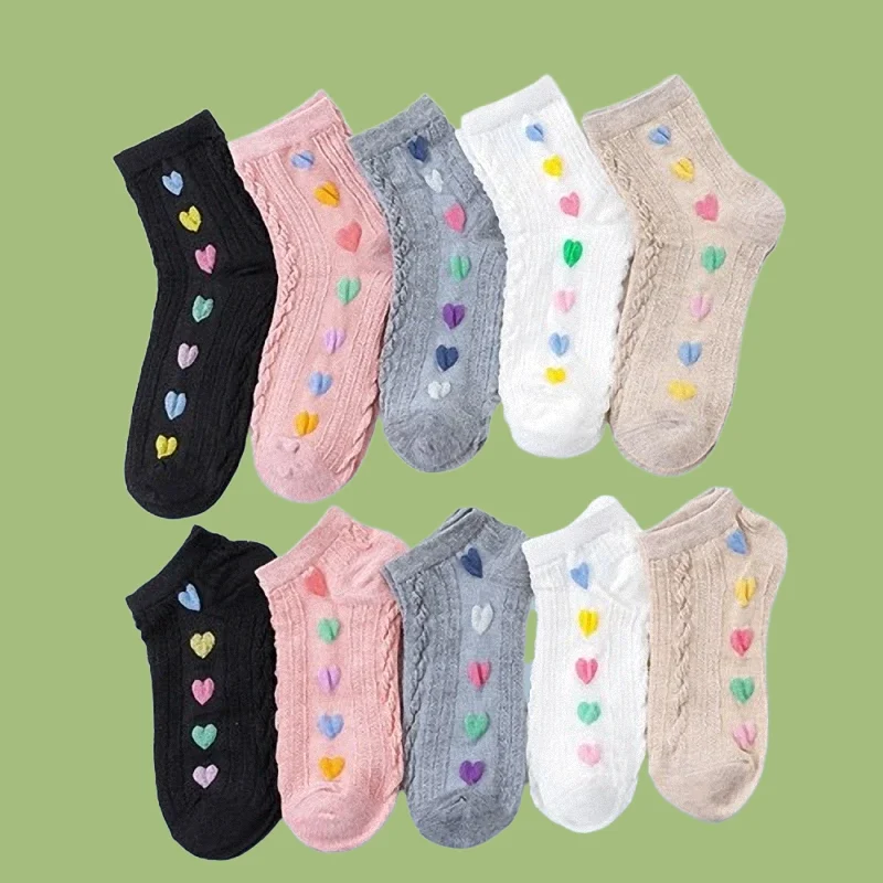 

3/6 Pairs New High Quality Women's Colorful Love Cotton Socks Cute Solid Colors Mid-tube Boat Socks Product College Style Socks