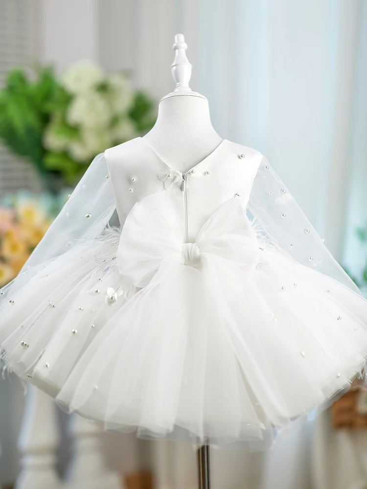 Gaun Putri Bayi Gaun Satin Mutiara Gaun Pesta Anak-Anak dengan Pita dan Jaring Lengan Panjang untuk Ulang Tahun