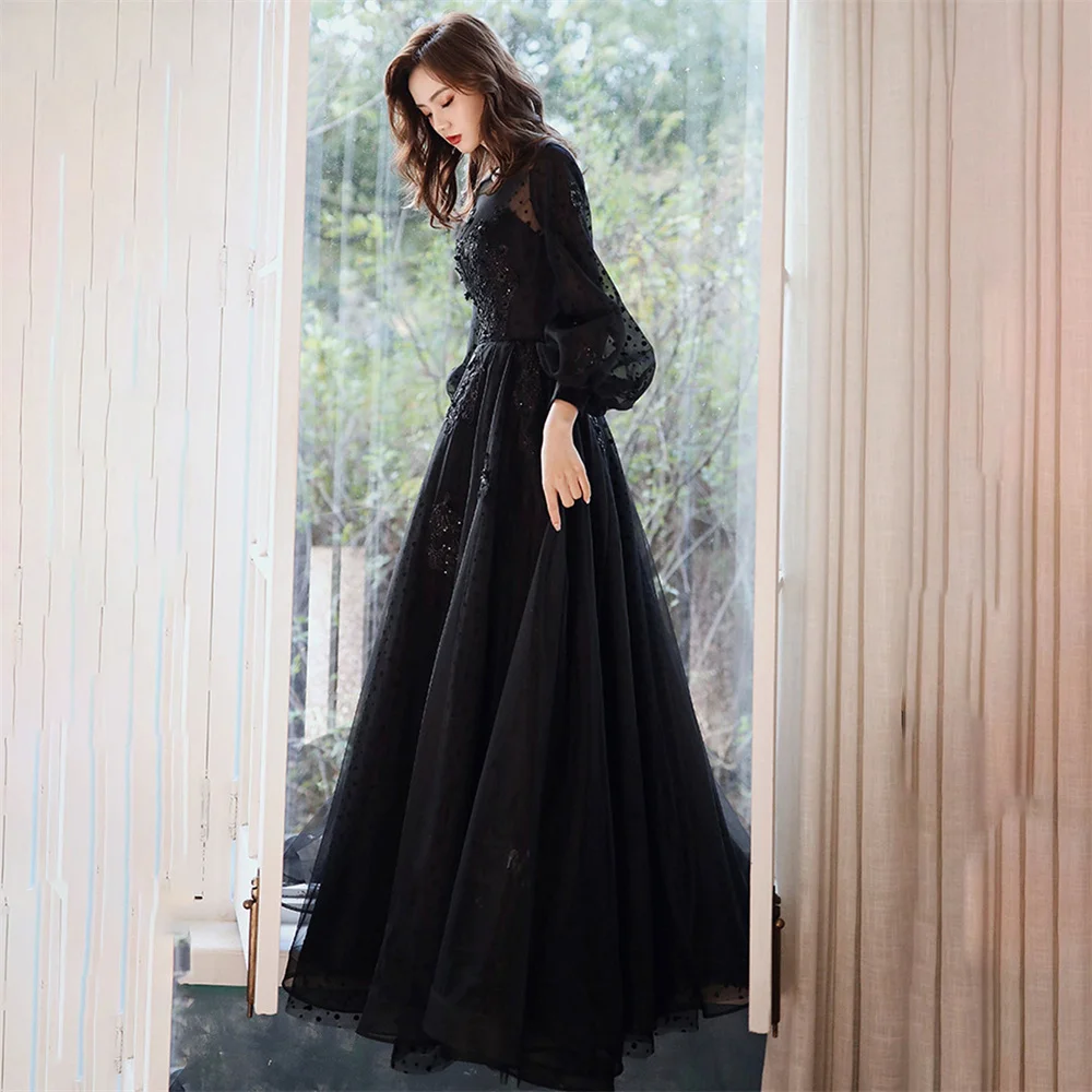 

Lily Black Beach Formal Dresses Long Sleeve Party Dress For Wedding Glitter Beading O Neck Special Occasion Dresses robe soirée