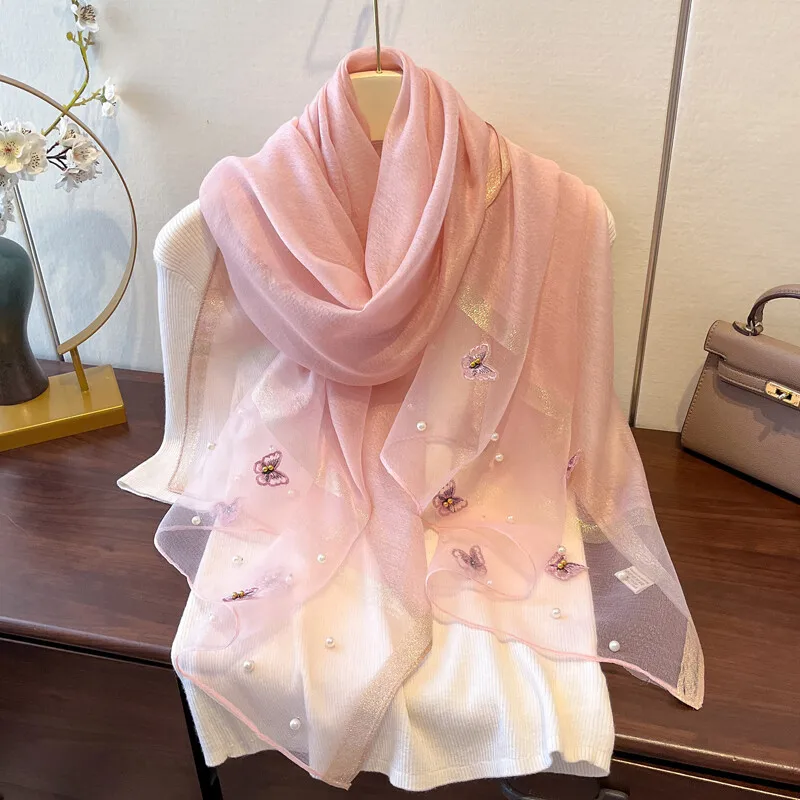 

Summer Womens Hijab Imitation Silk Shawl Butterfly Pearl Decor Stylish Neck Wrap Pashmina Shawls Wraps Bufanda Headscarf Stoles