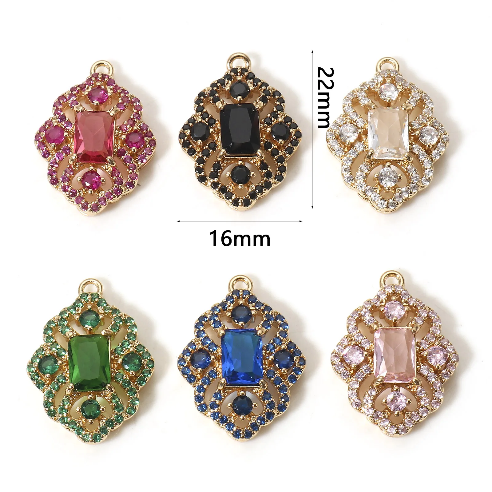 1pc Vintage Copper Charms Gold Color Rhombus Filigree Glass Cabochons Multicolor Rhinestone Pendant DIY Necklace Jewelry 22x16mm