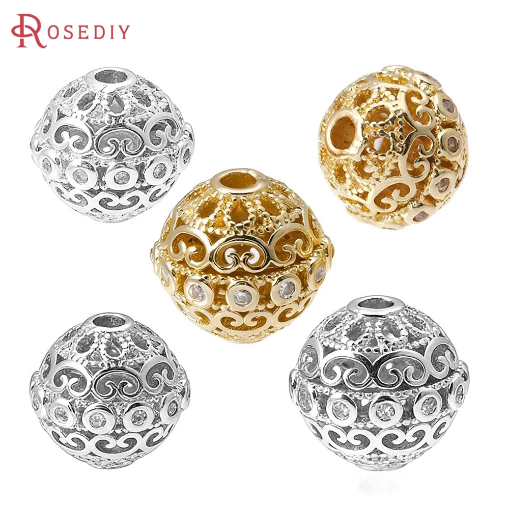 

6PCS 8MM 10MM 18K Gold Color Brass and Zircon Hollow Round Spacer Beads Bracelets High Quality Necklace Making Diy Accessories