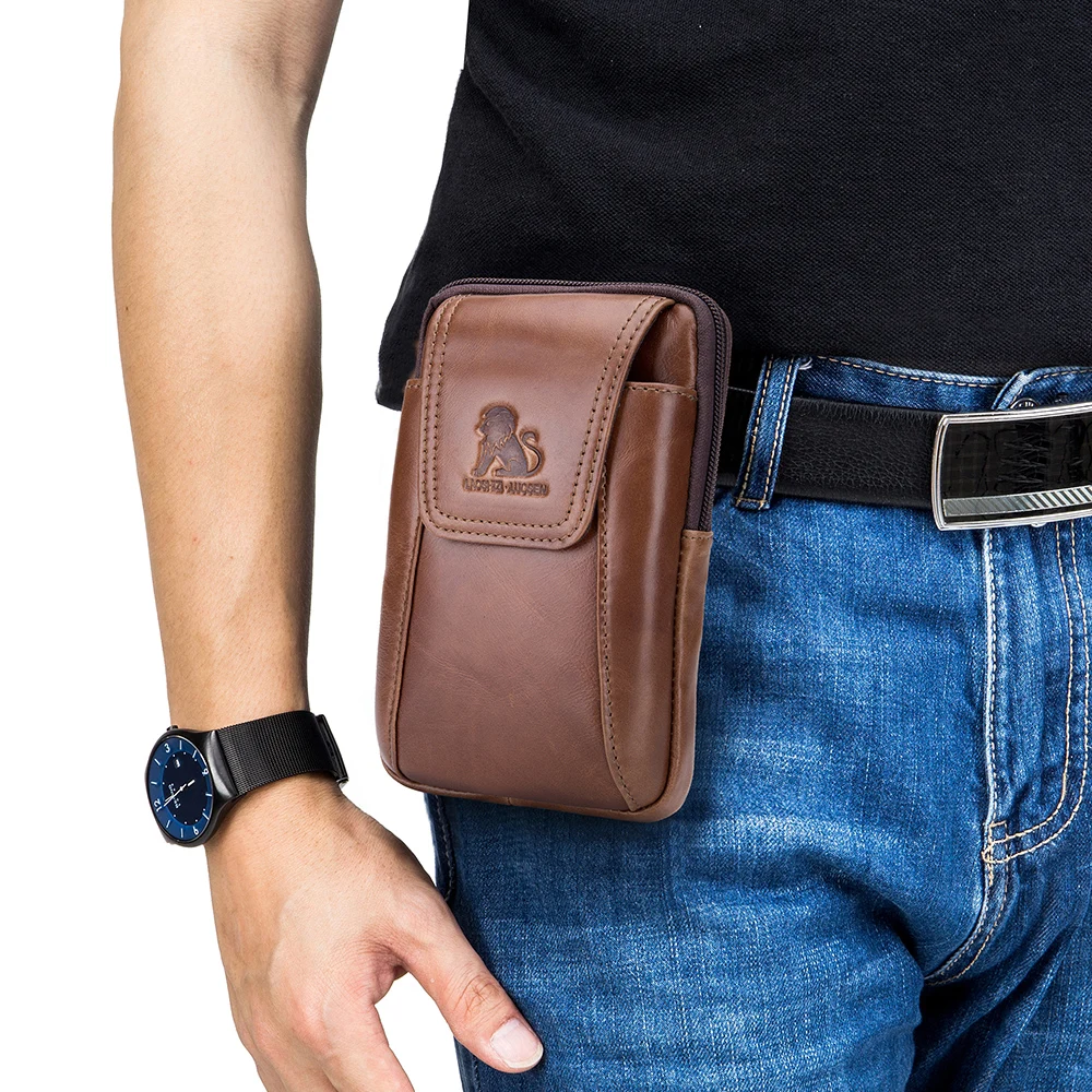 Top layer cowhide men\'s belt bag for casual outdoor mobile phone bag, genuine leather waist bag