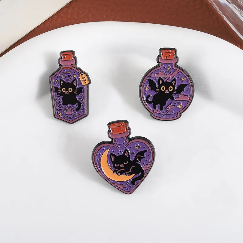 1 قطعة/3 قطعة الأرجواني ماجيك زجاجة المينا دبابيس لحقيبة الظهر الشيطان الأسود القط دبابيس شارات معدنية هدايا للنساء الرجال الأصدقاء #5