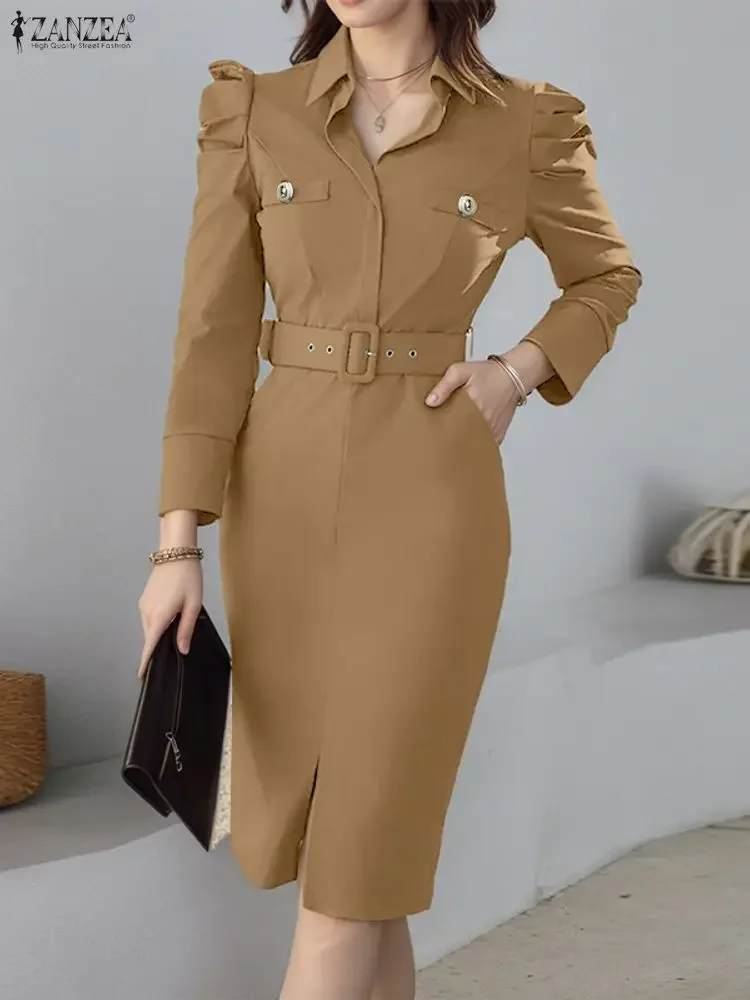 

ZANZEA Elegant Office Work Dress Women Fashion Sundress 2025 Casual Long Sleeve Belt Knee-Length Vestido Autumn Solid Robe