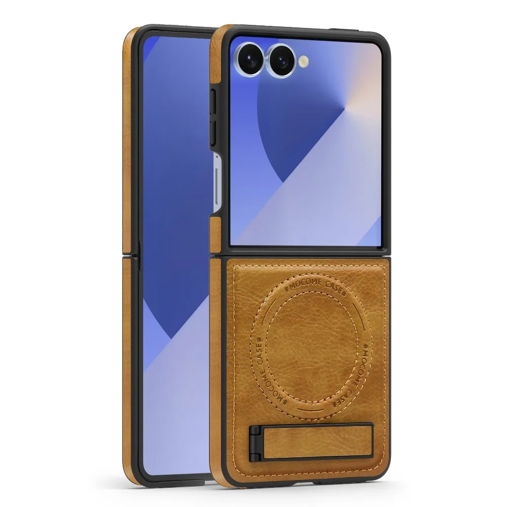 Classic Solid Color Leather Folding Cover for Samsung Galaxy Z Flip7 6 5 with Back Supports Wireless Charging and Folding Stand