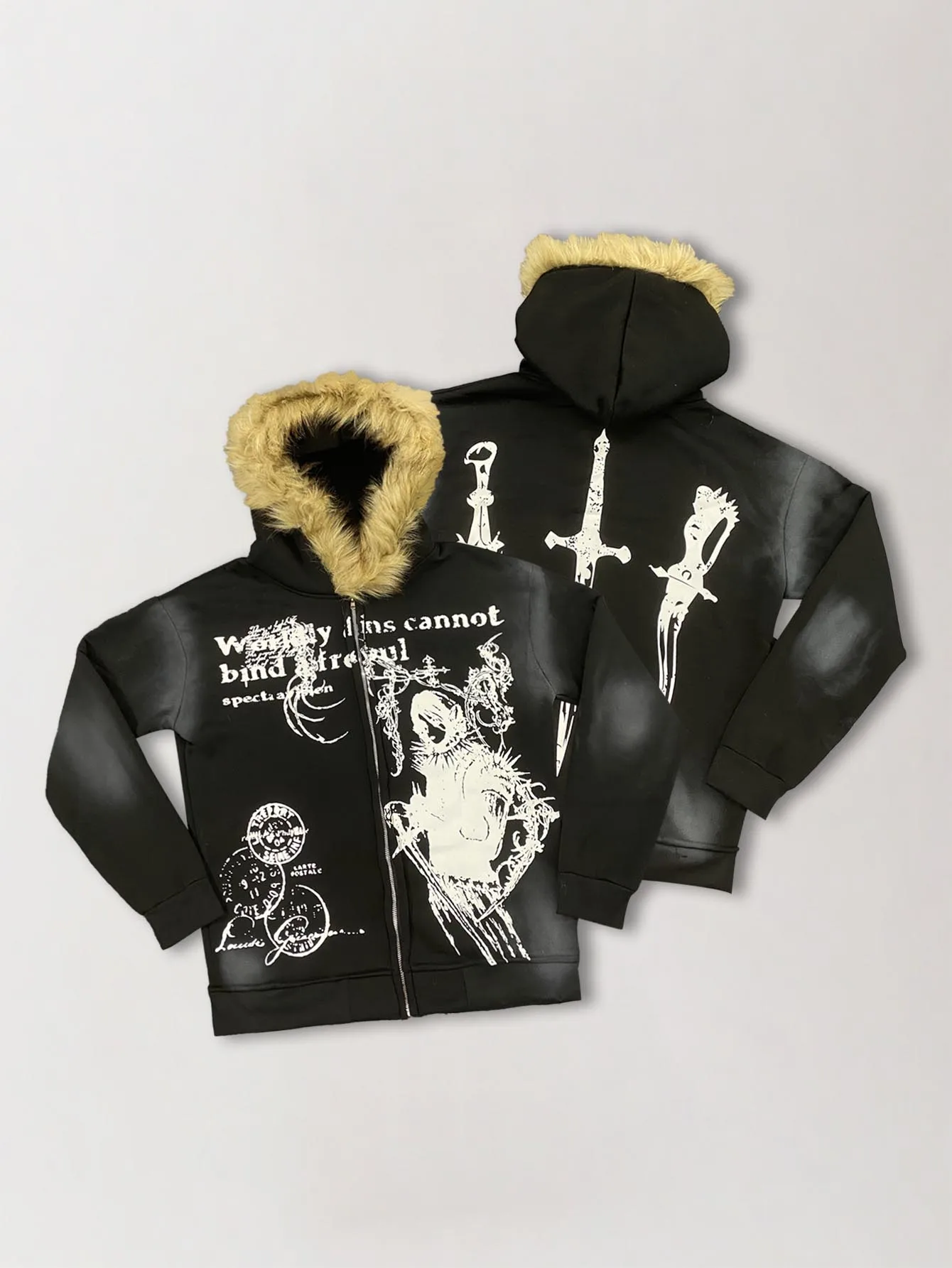 New autumn and winter subculture dark style fur collar brim front figure text print back sword pattern hoodie street trend ins
