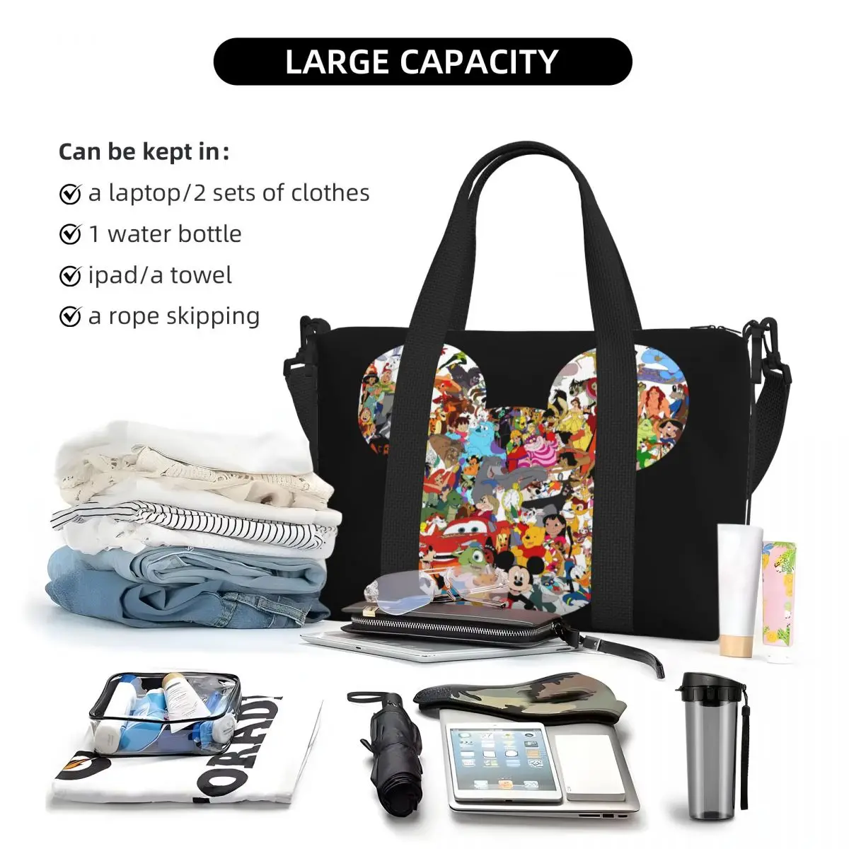 Bolso de compras personalizado de Mickey Mouse para mujer, bolsa de mano de dibujos animados, gran capacidad, para playa, gimnasio, viaje