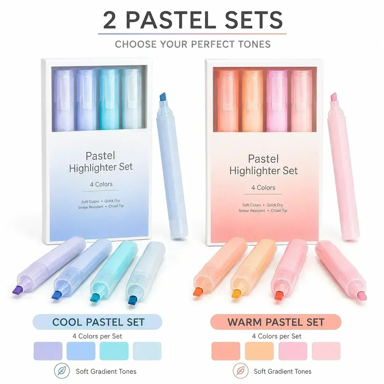 4 Pack Gradient Highlighters, Soft Pastel Eye-Friendly Colors, Chisel Tip Markers for Note Taking and Study