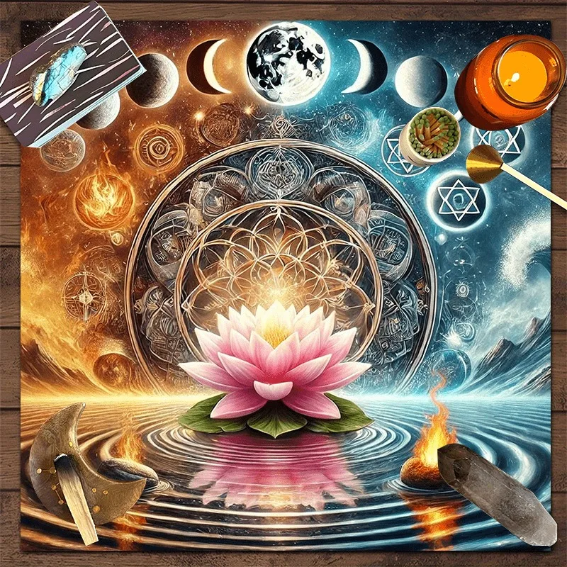 Mystical Mandala Lotus Altar Cloth Tarot Card Tablecloth With Moon Moon Phase Celestial Water & Fire Spiritual Divination Cloth
