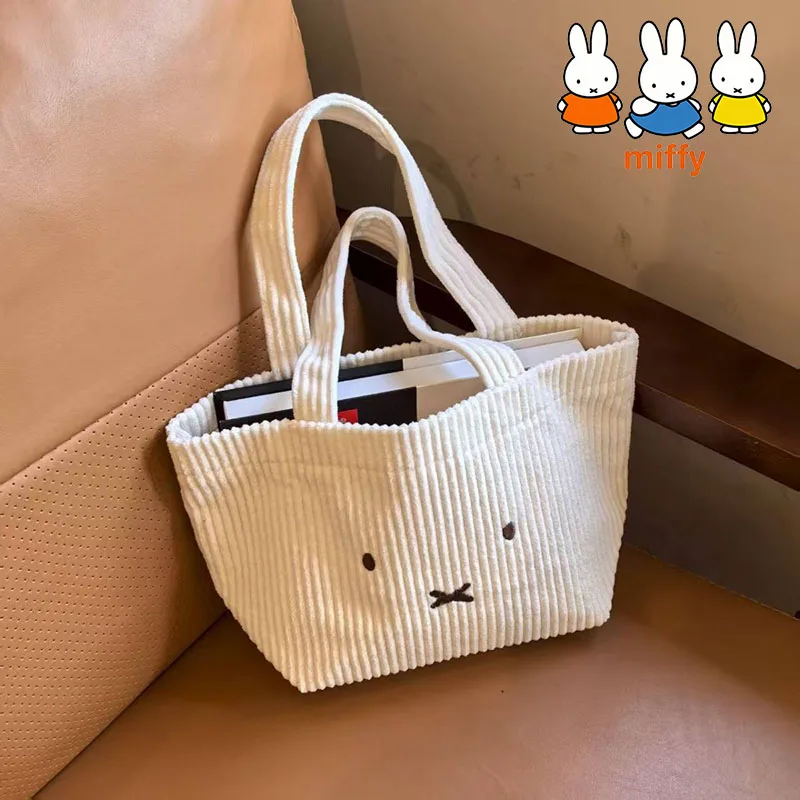 

New Kawaii Miffy Handbag Cute Cartoon Corduroy Embroidered Shoulder Bag Girls Commuting Large Capacity Tote Bag Student Backpack