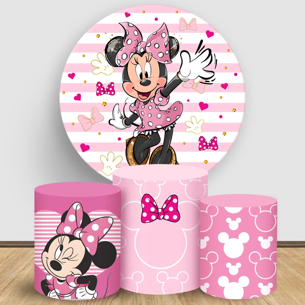 

Minnie Mouse Round Backdrop Pink Cartoon Girl Birthday Cake Table Cylinder Cover Party Decor Baby Shower Photography Background