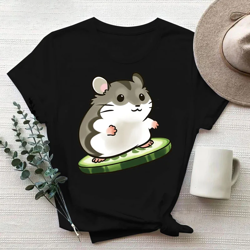 Camiseta con estampado Kawaii de hámster para mujer, ropa divertida de poliéster de manga corta con gráfico de estética, color blanco