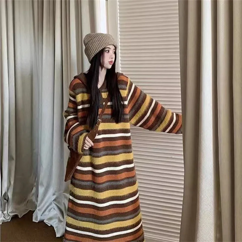 الموضة الملونة المشارب مقنعين سترة طويلة البلوز المرأة سترة مشغولة من الصوف سترة الربيع الخريف الشتاء معطف قاع قميص #6