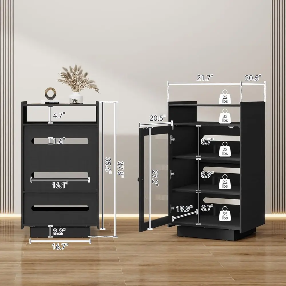 Media Cabinet with Tempered Glass Door, 5-Tier Stereo Cabinet with Adjustable Shel, Media Stand with LED Light, AV Rack with Cab