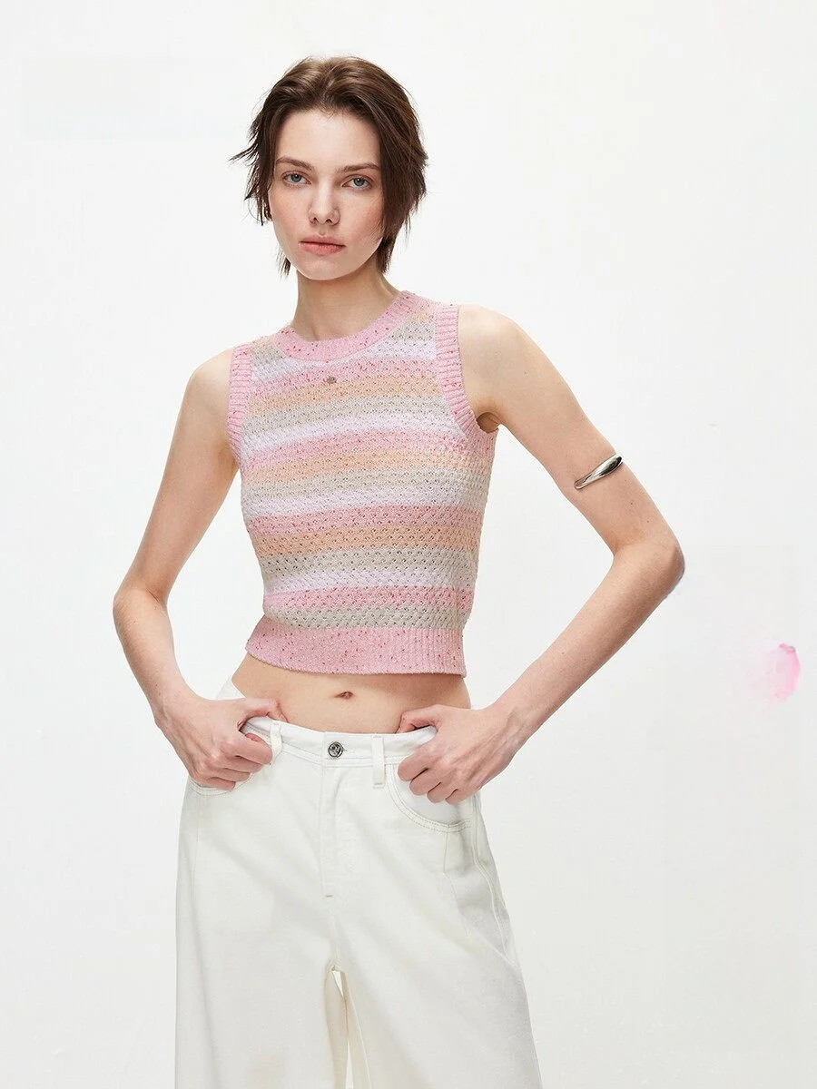 

Spring 2026 Fashionable Color Block Striped Hollow out Knitted round Neck Sleeveless Vest Top Women's Polyester Blend Short L...
