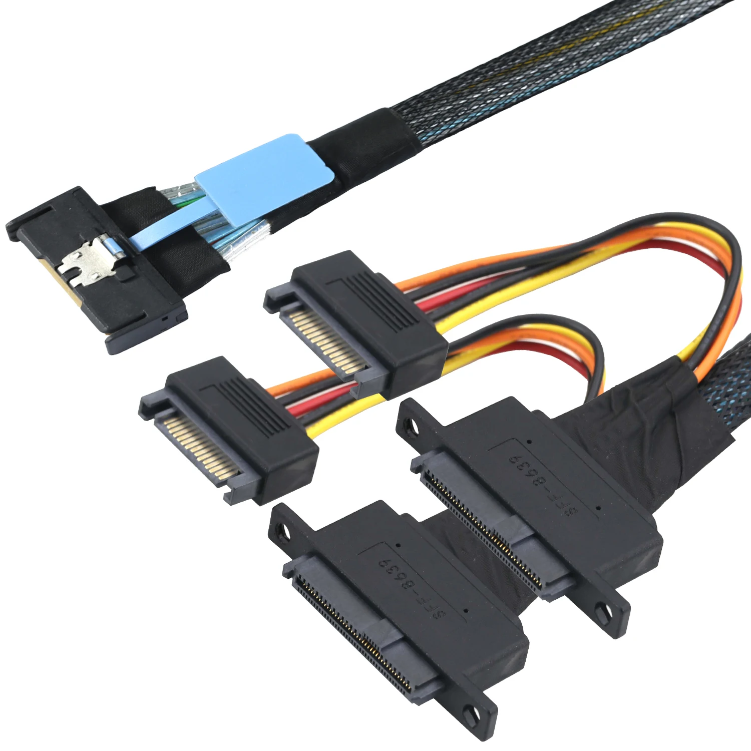 PCIe 5.0 MCIO 8i 74Pin to Dual SFF-8639 U.2 NVMe Adapter Cable for Server Workstation, with 15-Pin Power & Mounting Screw Holes