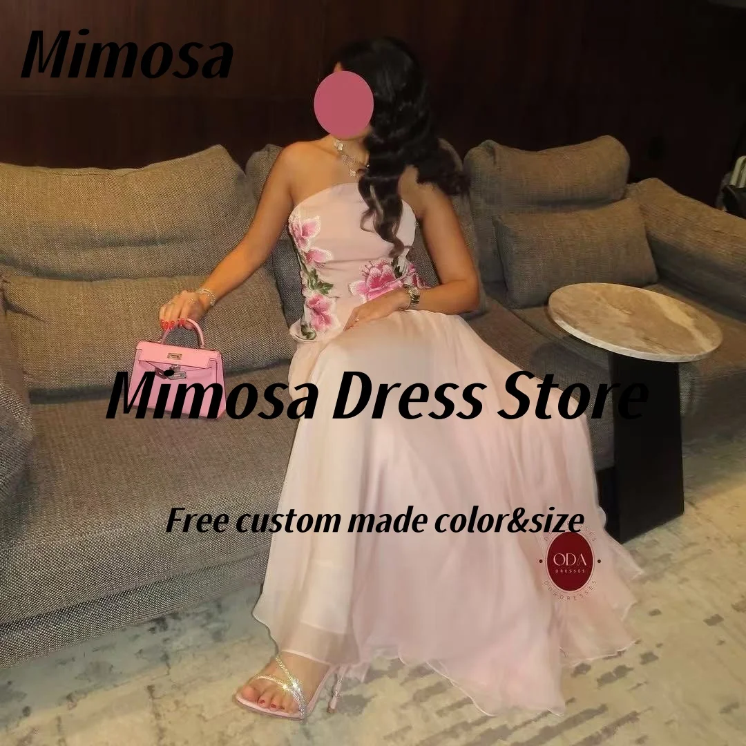 Mimosa 2025 vestidos de fiesta sin tirantes con bordado de flores, vestido de noche a medida, vestido de fiesta de gasa fruncido personalizado