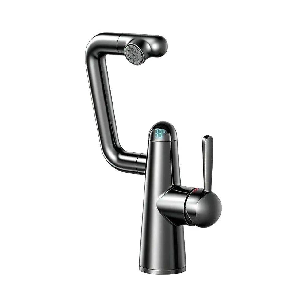 Copper Bathroom Sink Faucet with LED Digital for temp Display Robotic Arm 360 Swivel 15.5x27cm Single Handle Foam Jet Stream