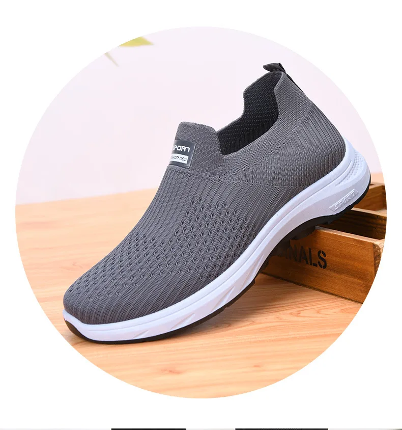 Herren-Strick-Slipper, atmungsaktives, fliegendes Gewebe-Obermaterial, dicke, rutschfeste Sohle, bequeme Freizeitschuhe zum Gehen – Detail 15