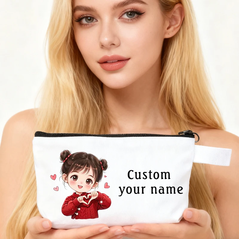 

Custom Your Name Canvas Bag Cute Girl Pattern Travel Makeup Bags Multifunction Organizers Stationery Cosmetic Pouch Pencil Cases