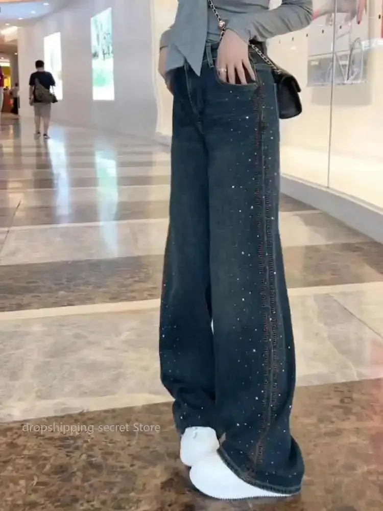 Retro Heavy Industry Diamond Hot Stamping Jeans for Women's Autumn Winter  High Waist Loose Slimming  Wide Leg Floor Pants