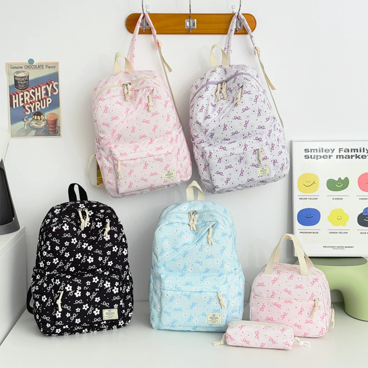 Conjunto de Mochila de Tres Piezas con Estampado de Flores y Lazo de Alta Estética, Mochila de Nailon Ligera de Gran Capacidad para Niñas, Mochila Escolar para Estudiantes