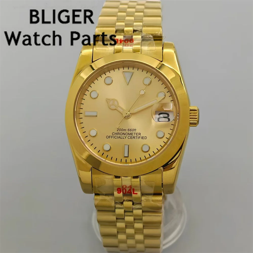 BLIGER 36mm/39mm Luxury Gold Men Watch NH35 Automatic Movement Steel Case Bracelet  Super blue Green Luminous Sapphire Glass