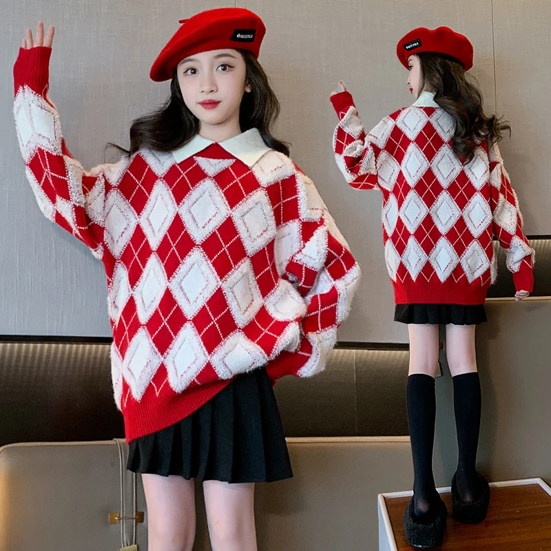 

Autumn New Kids Designer Turn Down Collar Sweater For Girls Diamond Pattern Knitted Outerwear Child Fashion Geometric Knitwear