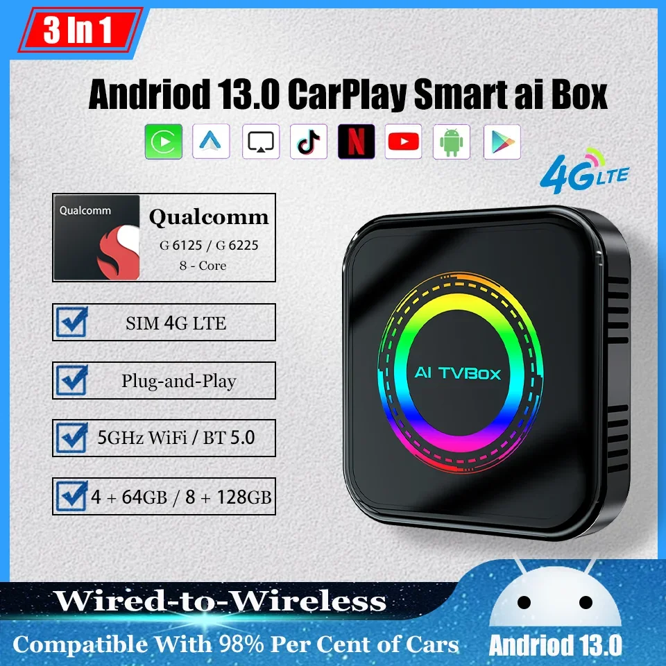 

New Android 13 Smart Car Video Box CarPlay & Android Auto 3 in 1 Smart Adapter Built-in 8+128GB 4G LTE Netflix YouTube Netflix