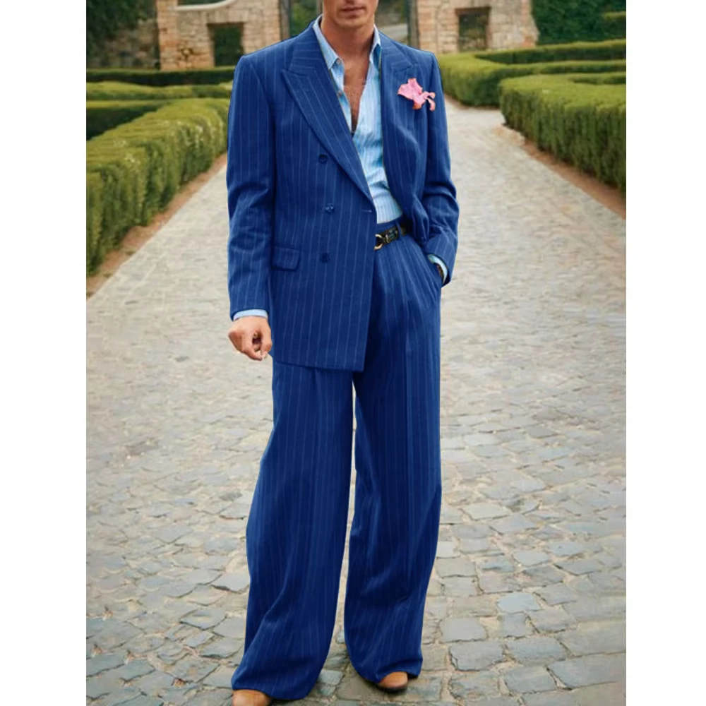 2025 Elegant Double Breasted Fashion Mens Striped Suit 2 Pieces Casual Party Prom Suit Korean Work Wear Busniness Customized