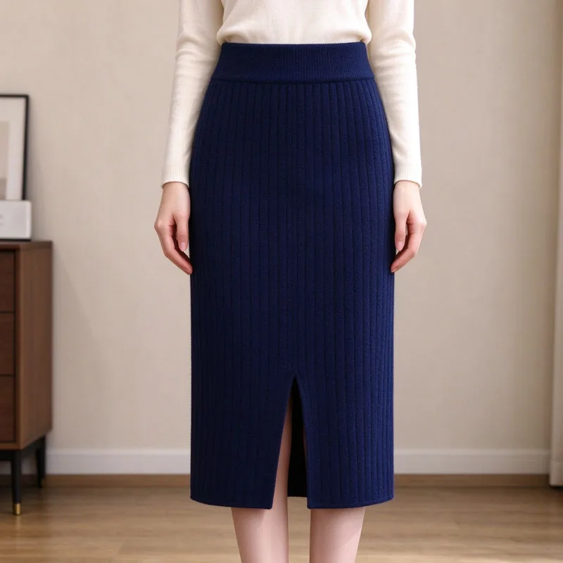 Women Sweater Bodycon Skirt High Waist Slit Thick Warm  Stretchy Simple Versatile for Fall Winter Party Home Outdoor Shopping