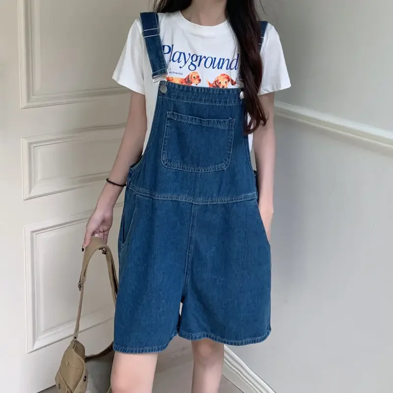 Retro Denim Overalls Women's Student Sle Thin Summer New Large Size Wide Leg Loose Jeans Five-Quarter Pants Ter Ne Tops