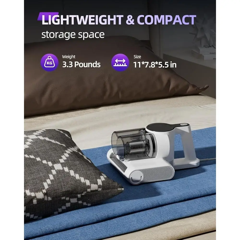 Mattress Vacuum Cleaner with UV-C Light 16Kpa Suction 36000RPM Brushroll Heating Dual-Cup Dust Separation Portable Corded 12W