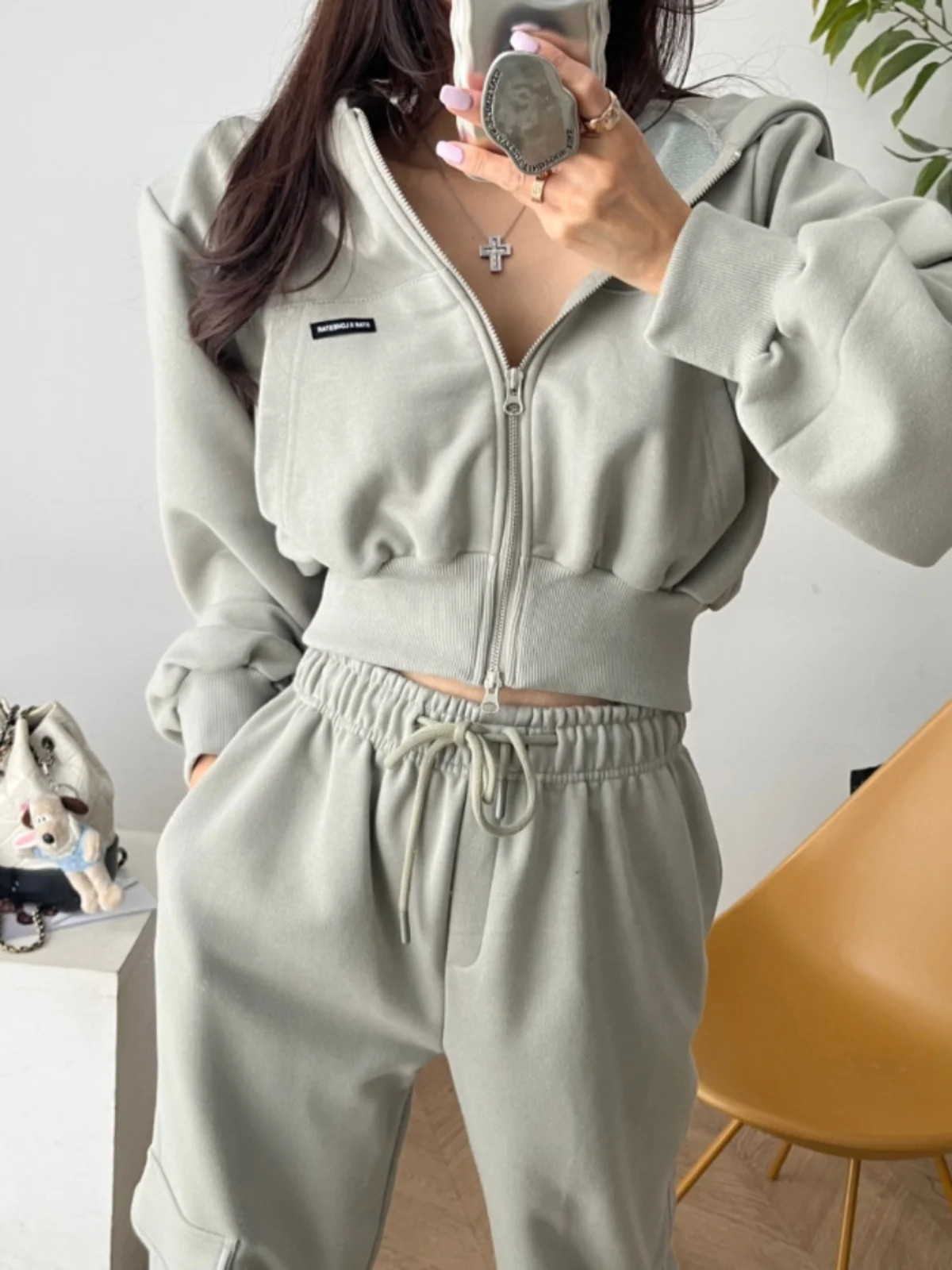 

Casual Sporty Hoodie Set Women's American Cool Short Top High Waist Wide Leg Pants Two Piece Set Cotton Fabric Autumn 2023