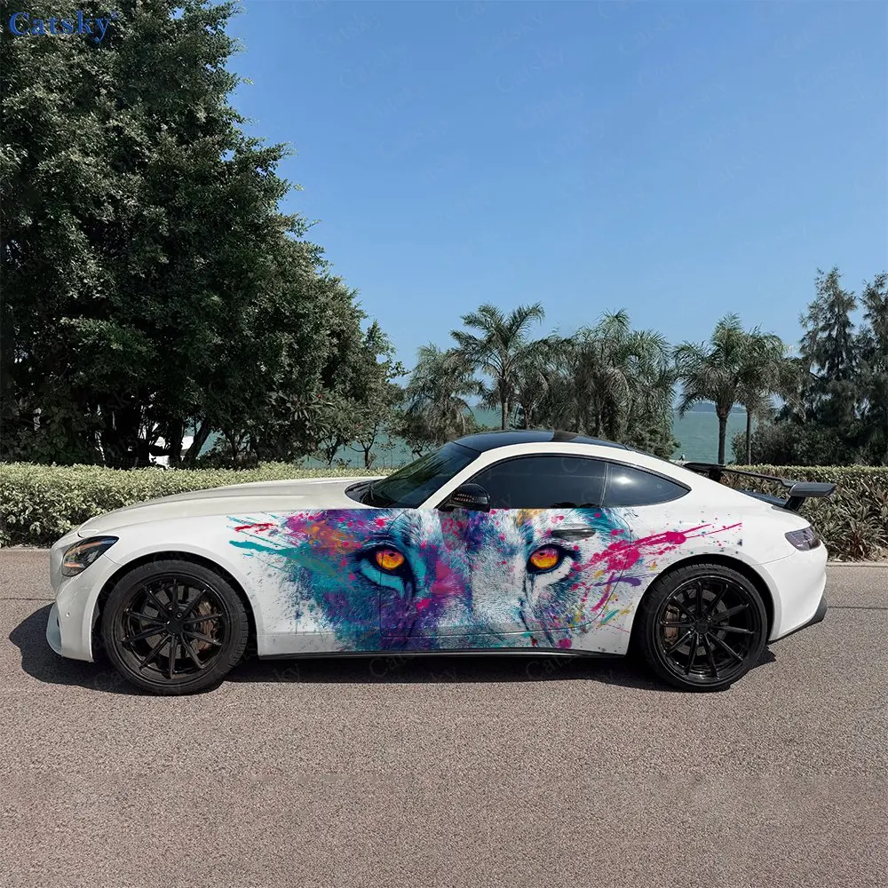 2pcs Vibrant Splatter Lion Eyes Car Side Wraps, Self-Adhesive PVC Waterproof & Scratch-Resistant Stickers, Car Accessory Gift