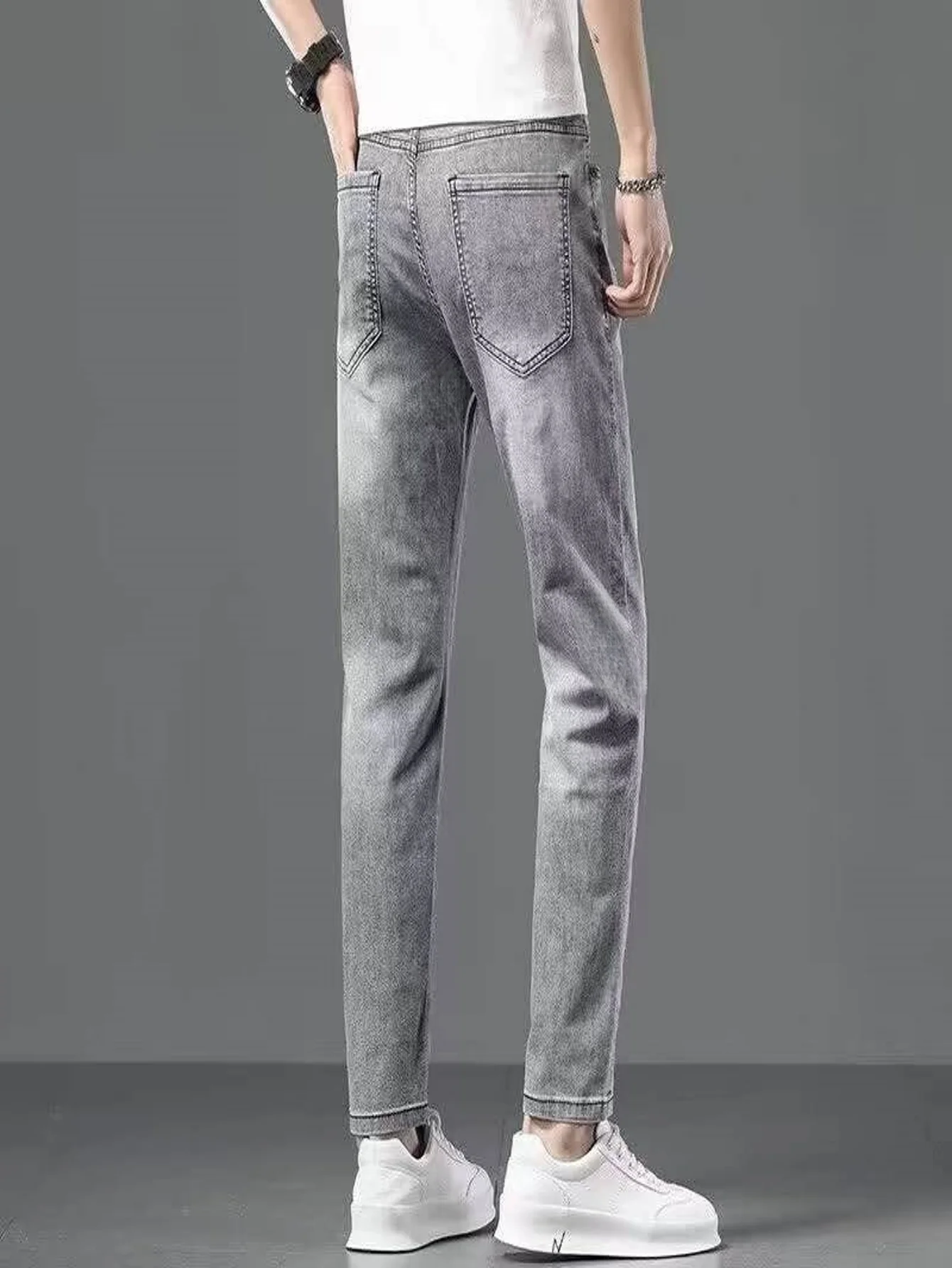 Gray Slim Jeans For Man Tight Fit Y2k Drip Original Unisex Street Basic Denim Pants No accessories or belts included